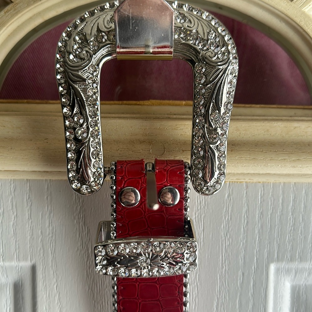 Red Faux Croc Leather Rhinestone Belt
